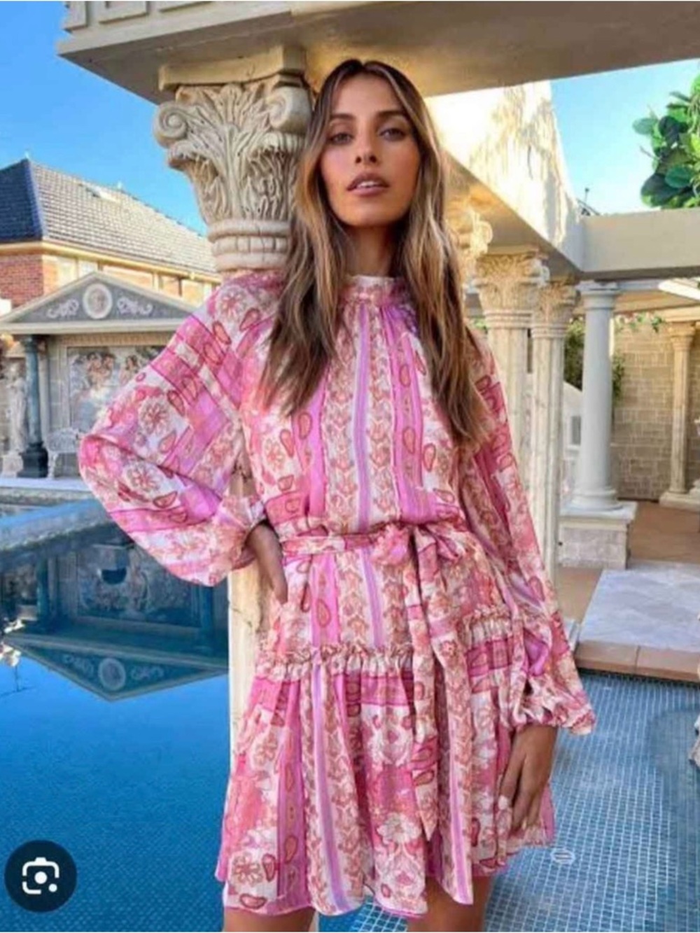 Sheike Pink Paisley Long-Sleeve Tie-Waist Mini Dress